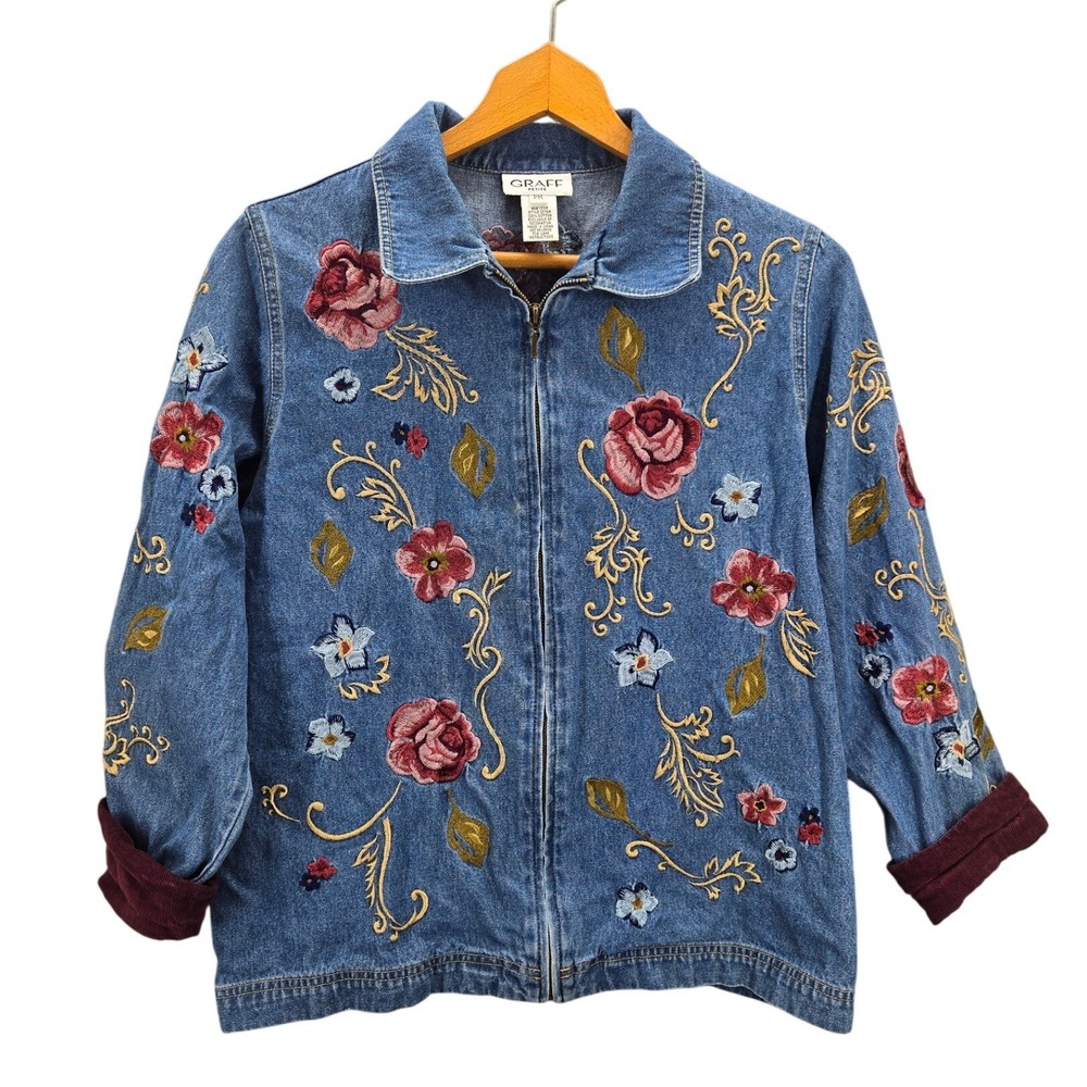 Vtg Graff Petite Blue Denim Floral Embroidered Zip Up Jacket Corduroy Cuffs PM